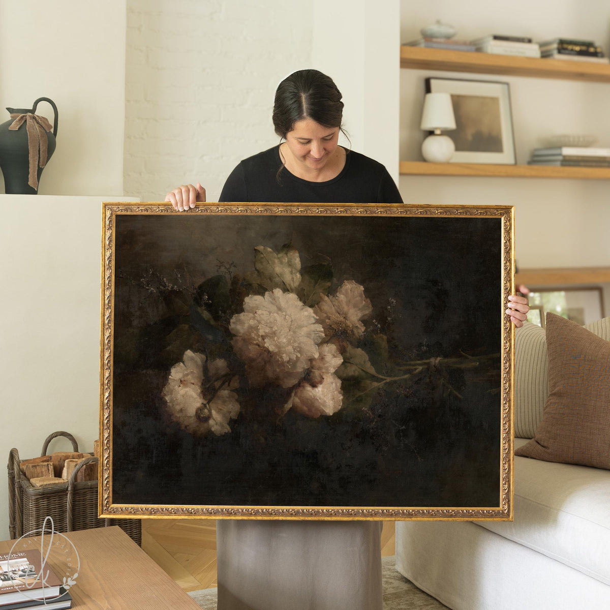 Ornate gold framed moody floral wall art with white peonies in a dark vintage still life painting.