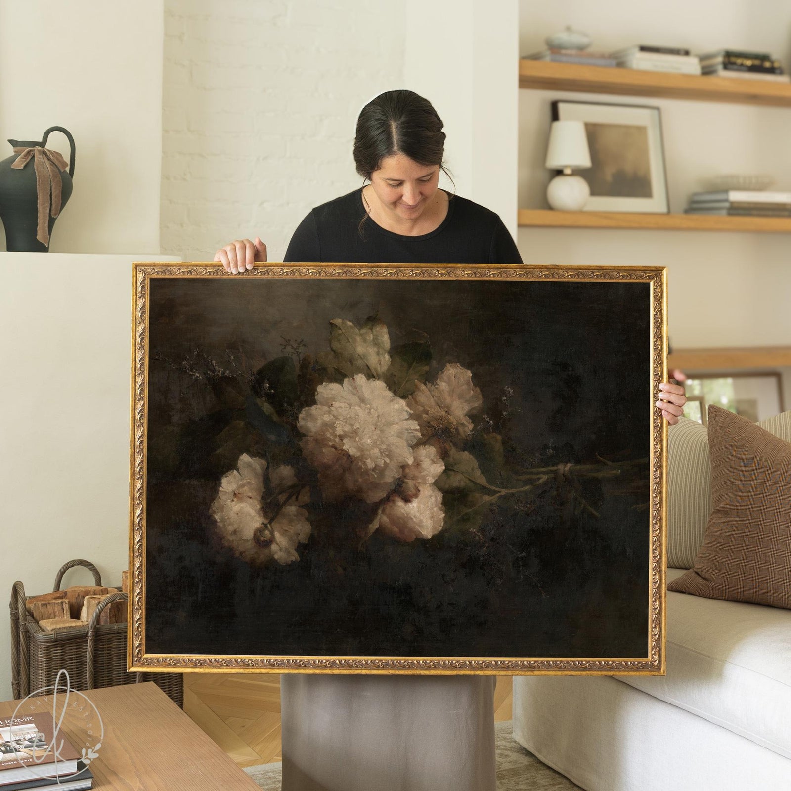 Ornate gold framed moody floral wall art with white peonies in a dark vintage still life painting.