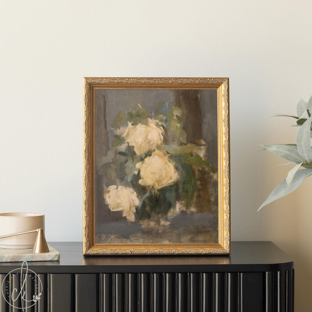 Framed gold impressionist floral art with soft rose painting in neutral colors