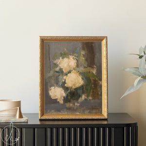 Framed gold impressionist floral art with soft rose painting in neutral colors