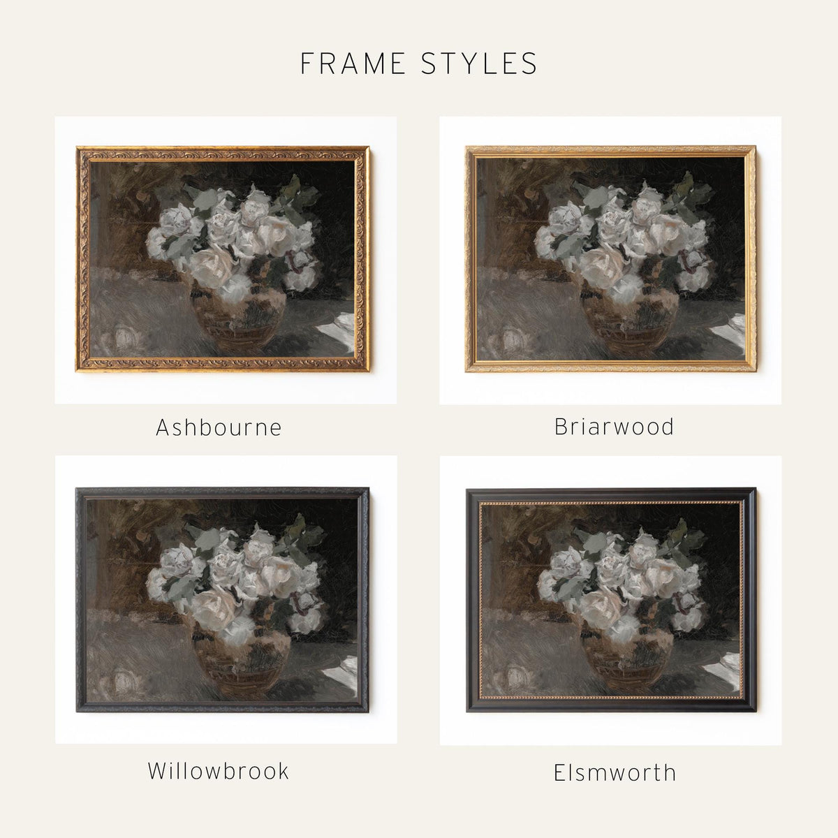 Moody Floral Painting | Framed Still Life Flower Art | Vintage Style Wall Decor | N124