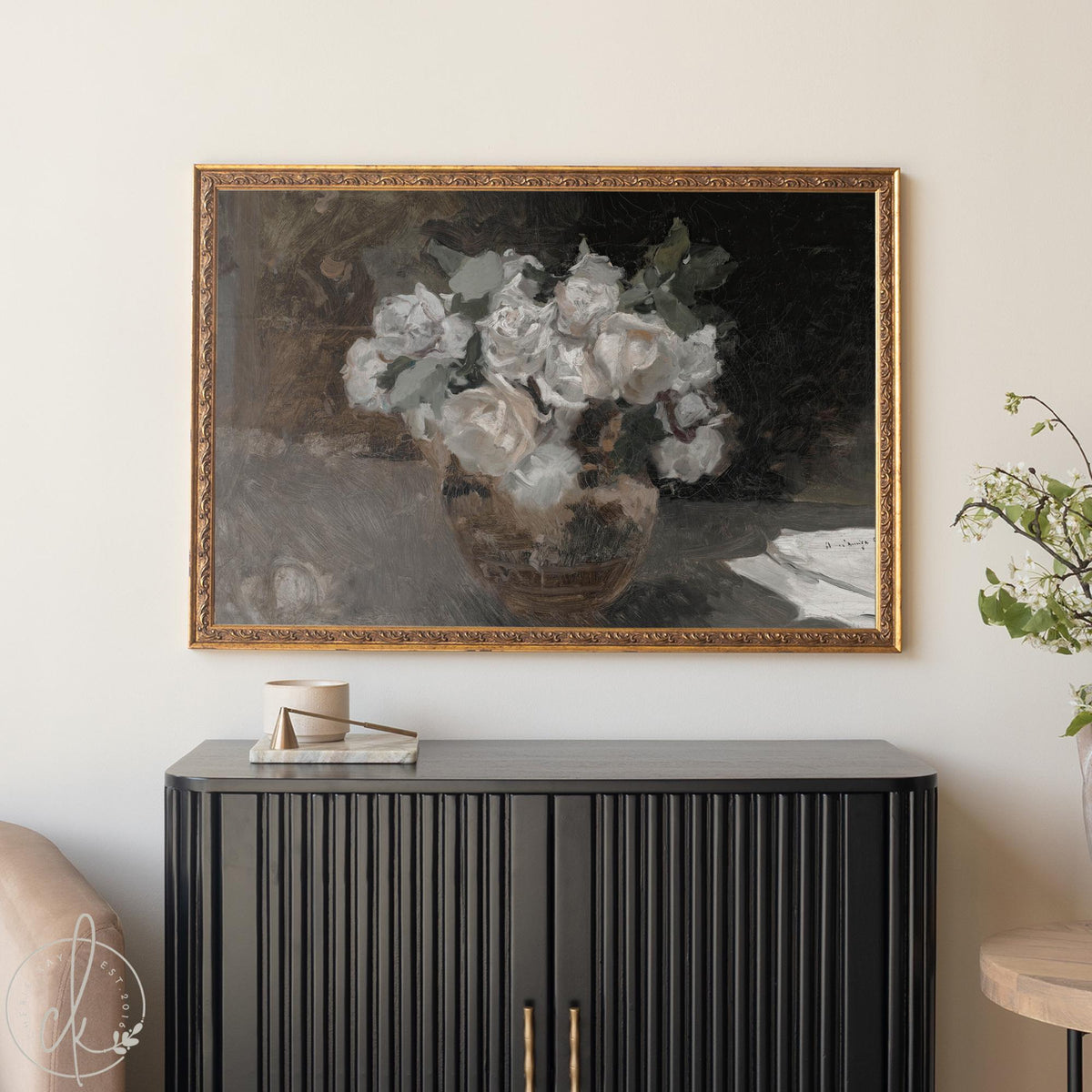 Moody Floral Painting | Framed Still Life Flower Art | Vintage Style Wall Decor | N124