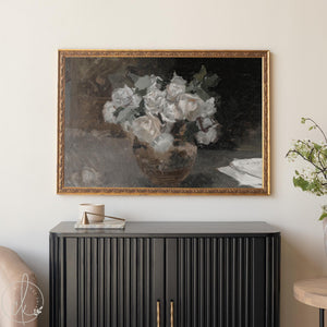 Moody Floral Painting | Framed Still Life Flower Art | Vintage Style Wall Decor | N124