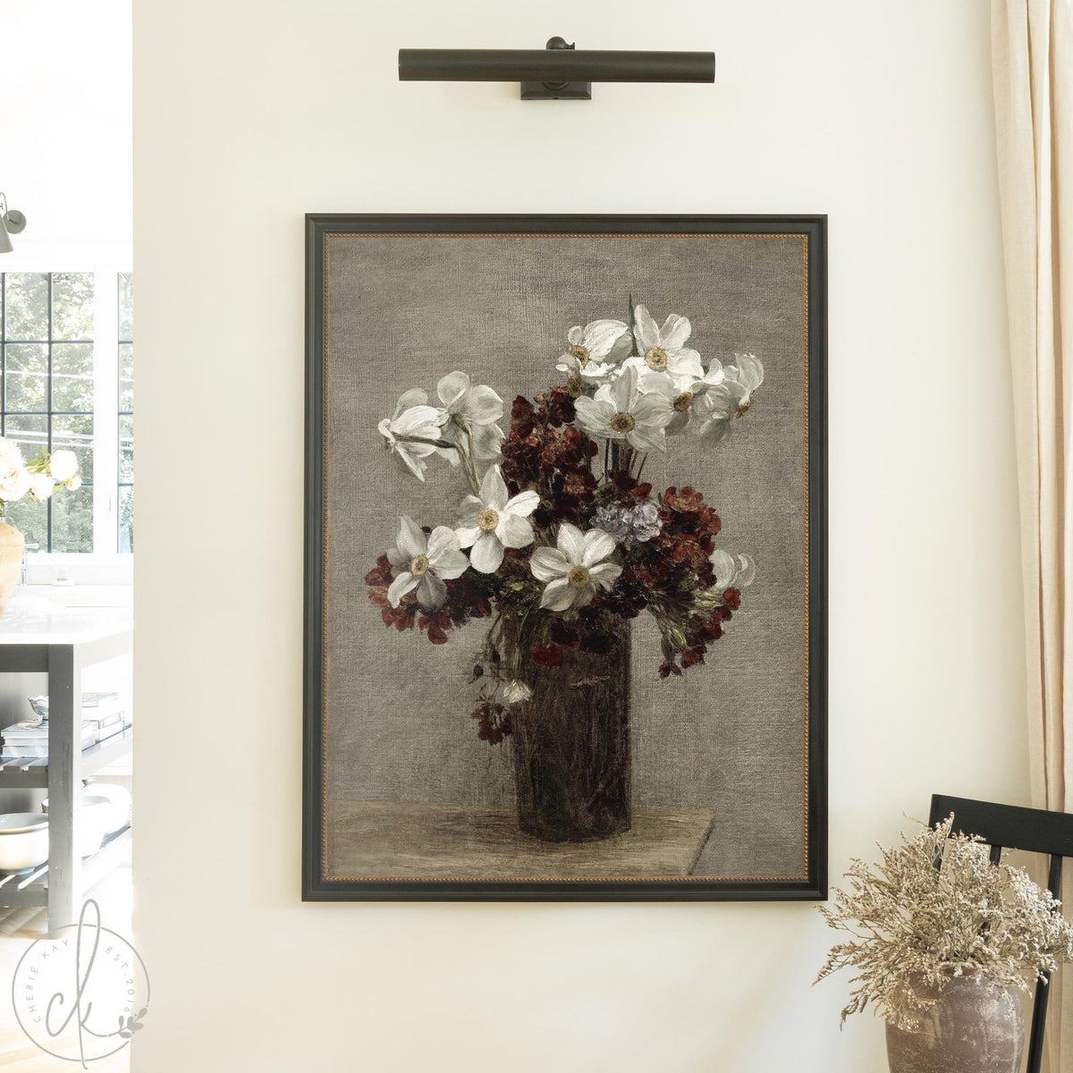 Large vintage floral wall art reproduction on framed canvas featuring detailed bouquet in neutral tones.