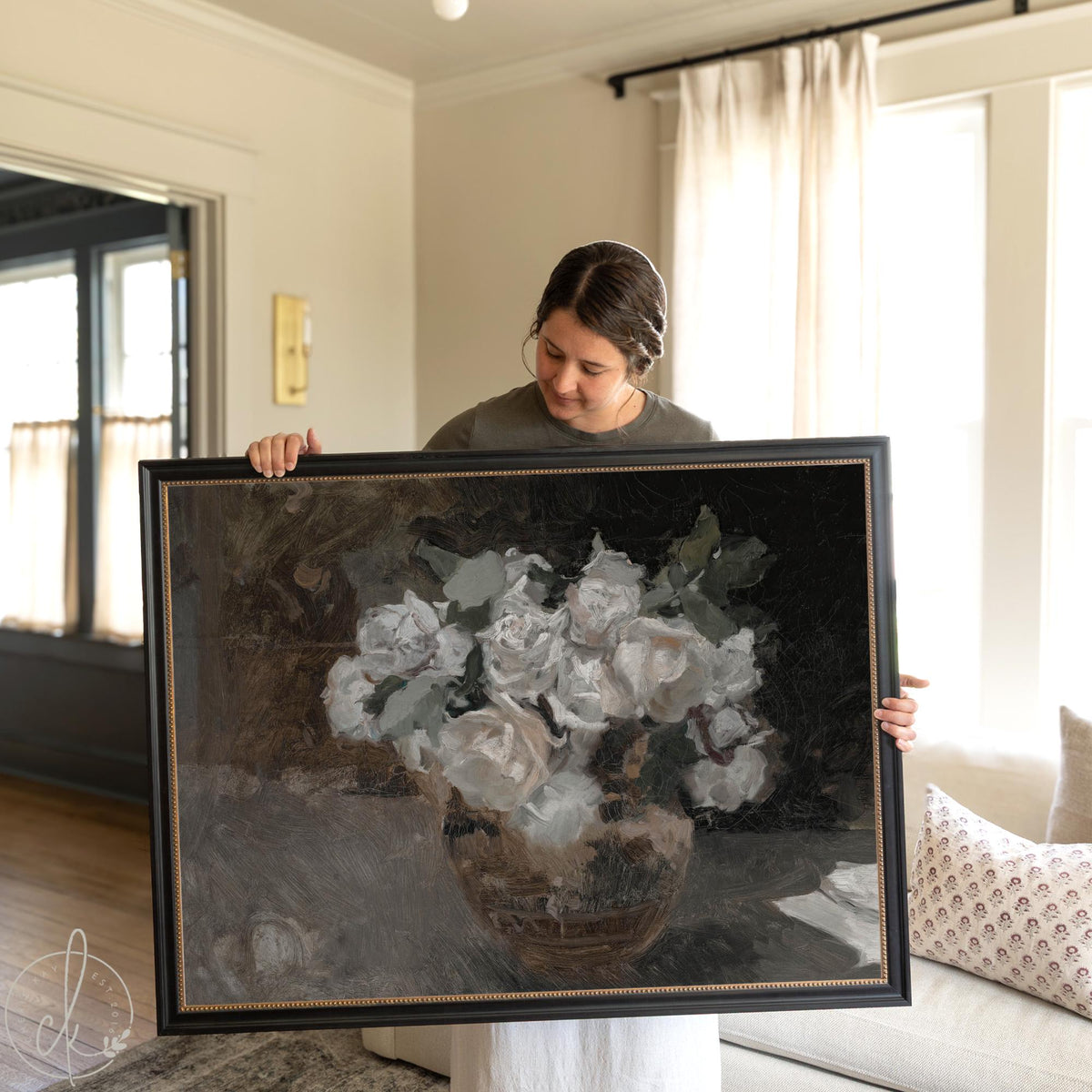 Framed moody floral painting reproduction of white roses in vase, vintage still life wall art.