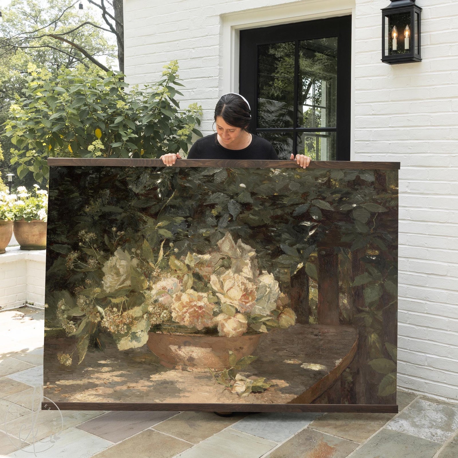 Floral canvas art featuring vintage flower painting with green leaves and wood frame for wall decor.