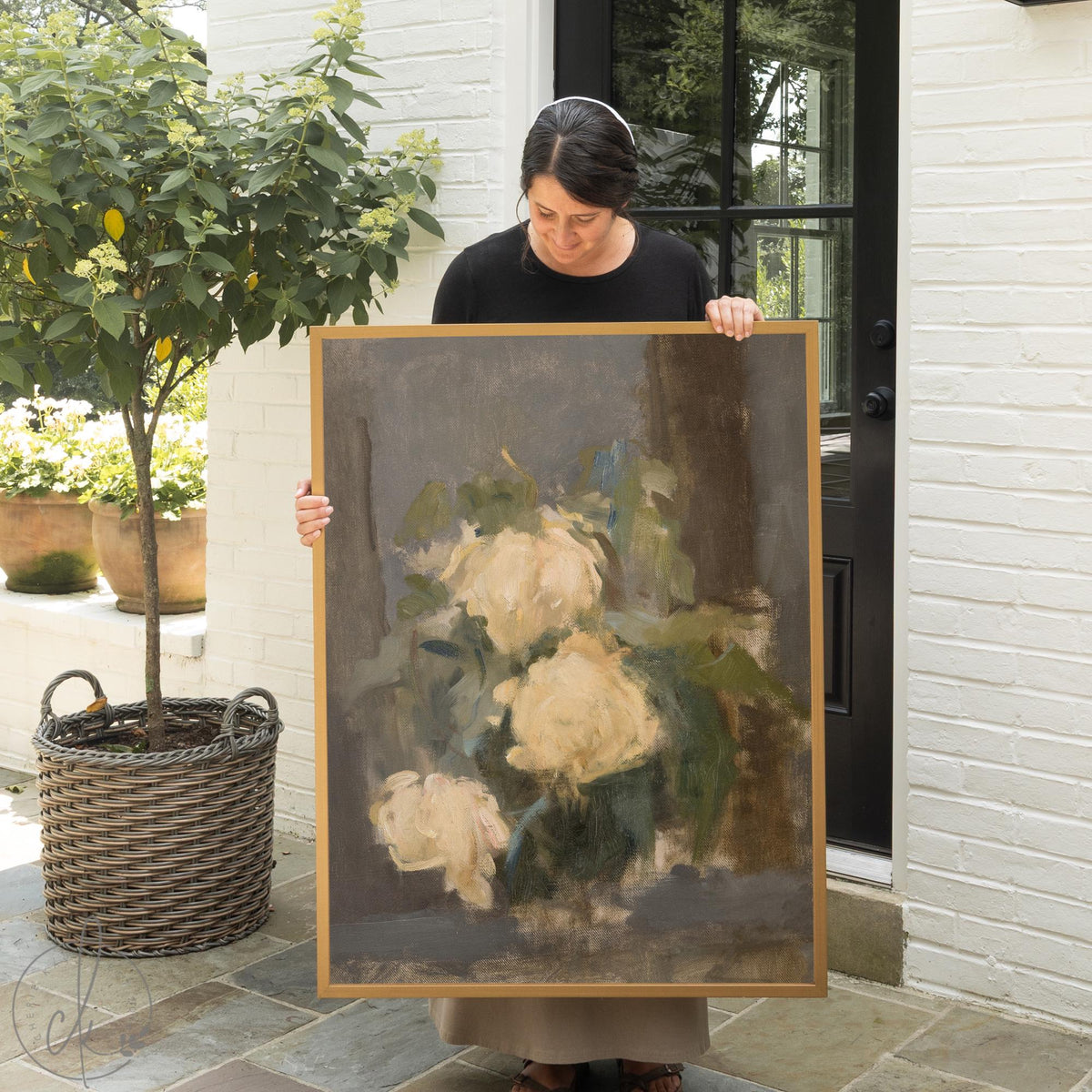 Framed canvas print of a floral still life painting with antique roses for home wall decor.