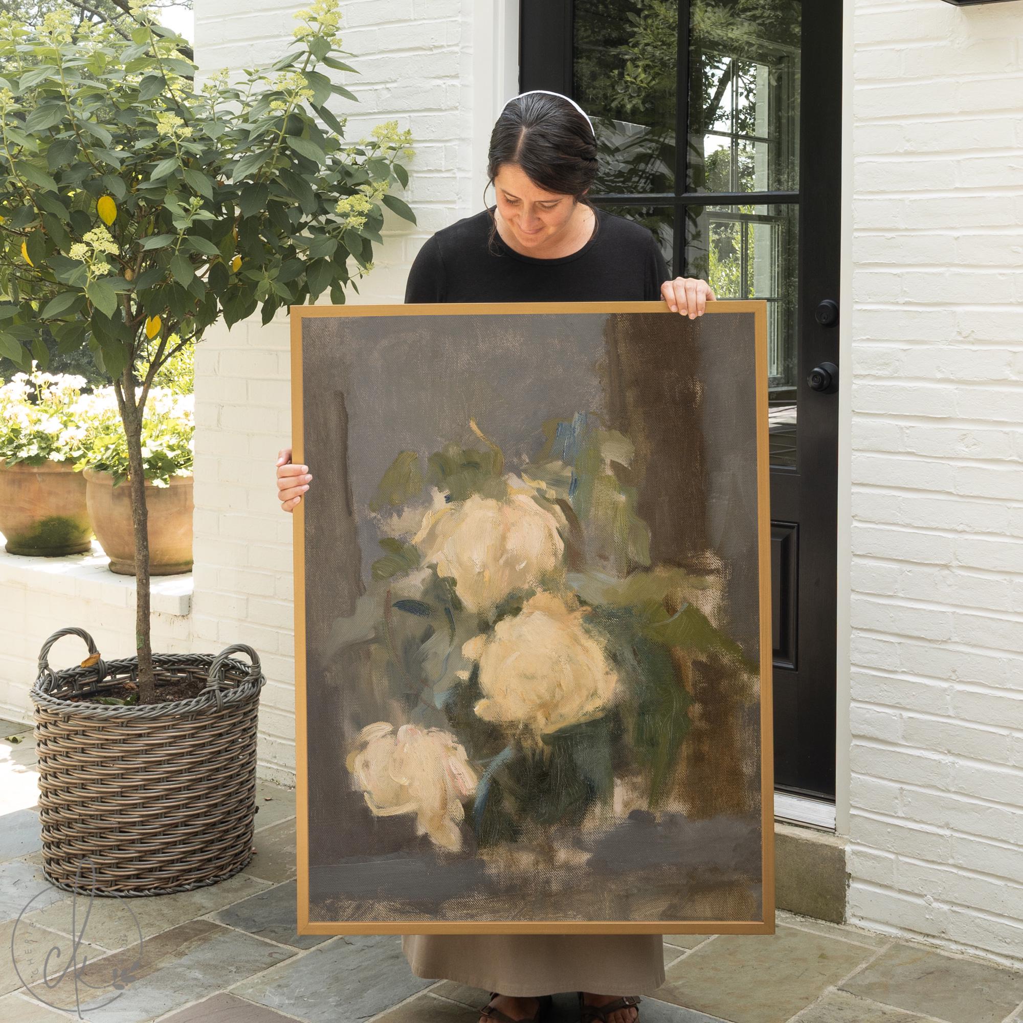 Framed canvas print of a floral still life painting with antique roses for home wall decor.