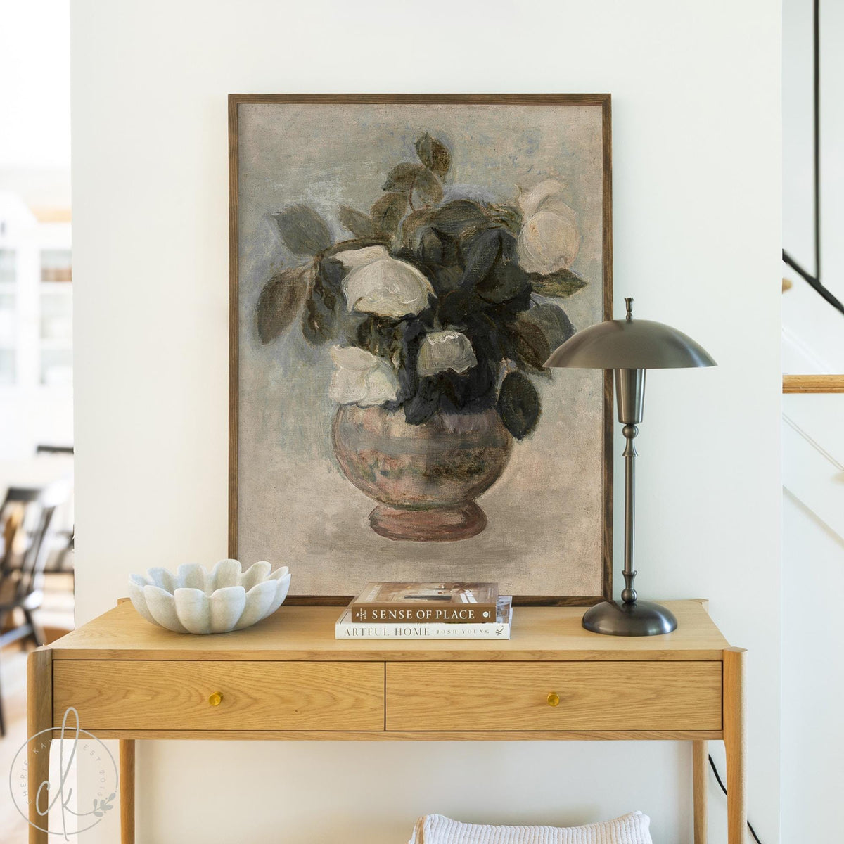 Framed floral print of white roses on canvas with wood frame for vintage botanical wall art.