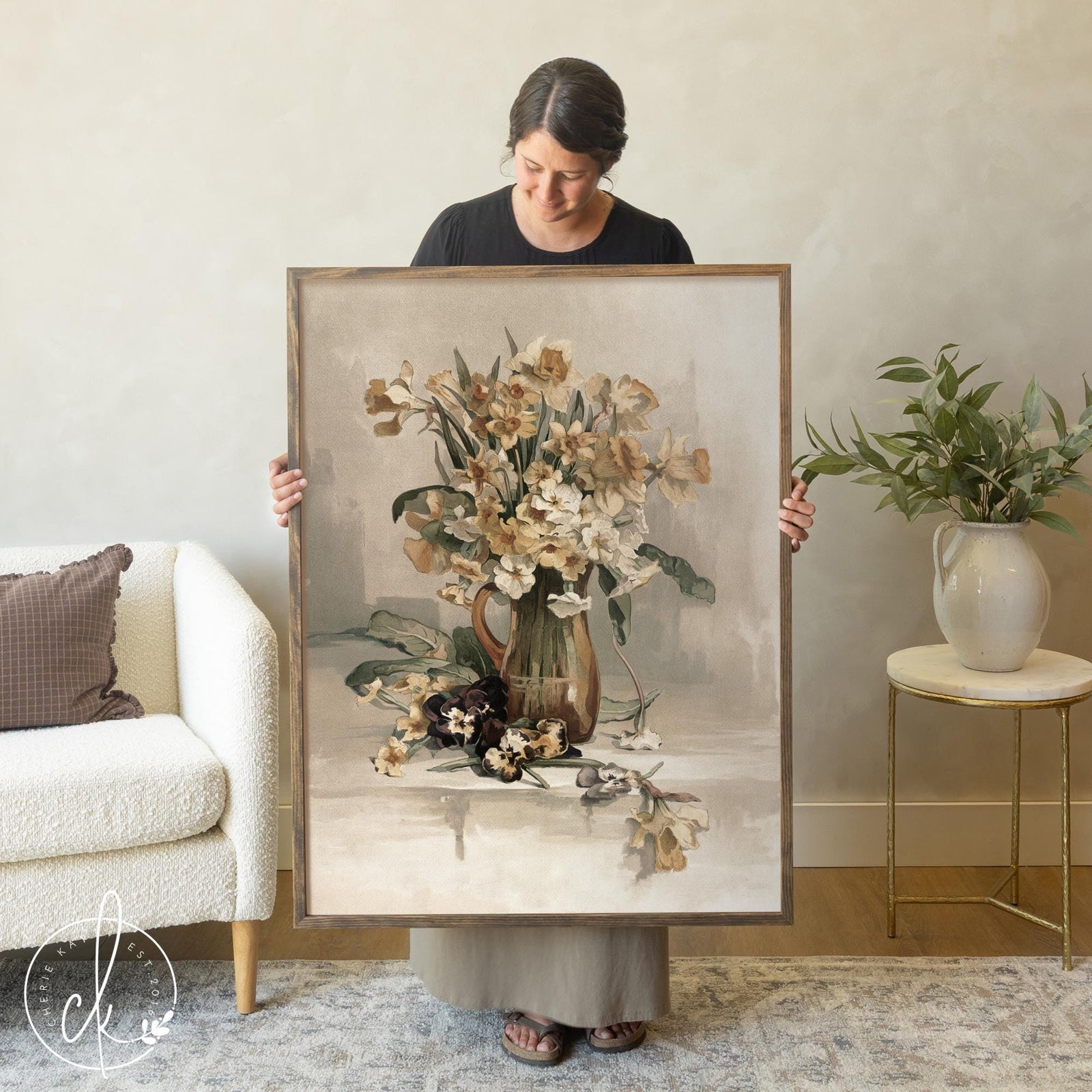 Large floral wall decor with vintage flower bouquet framed canvas for living room.