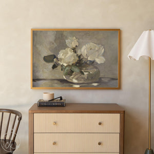 White Flower Wall Art | Framed Floral Painting on Canvas | N195