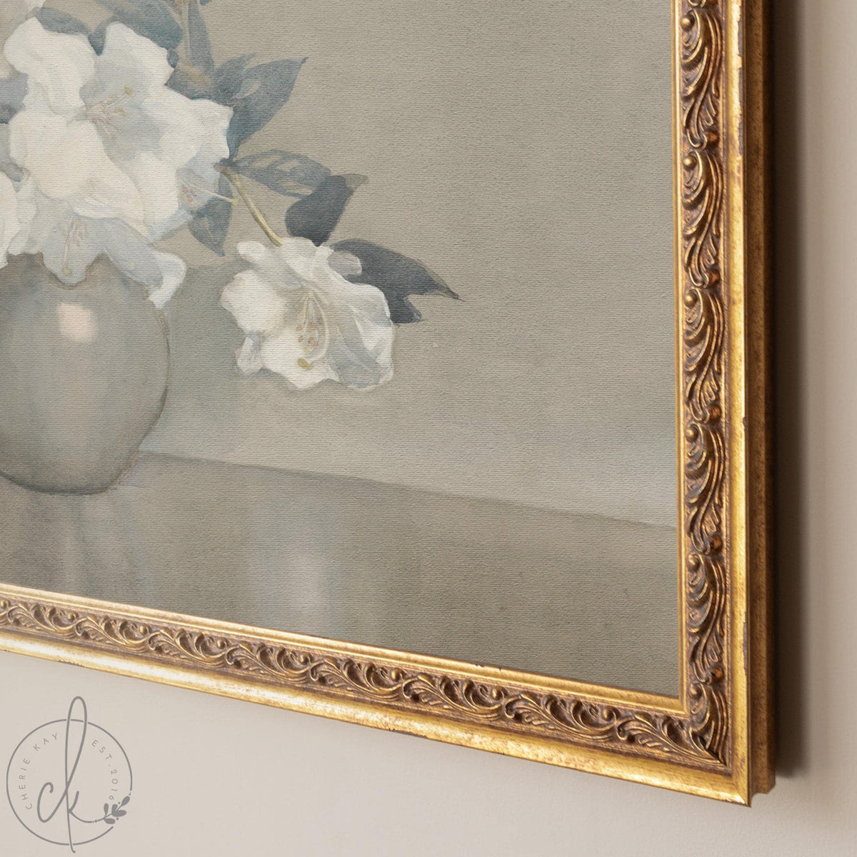 Vintage Floral Wall Art | Framed White Flower Painting | N245