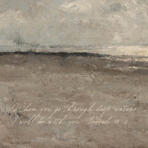 Ocean Landscape Wall Art | Large Coastal Canvas with Isaiah 43:2 | Neutral Living Room Wall Decor | T70