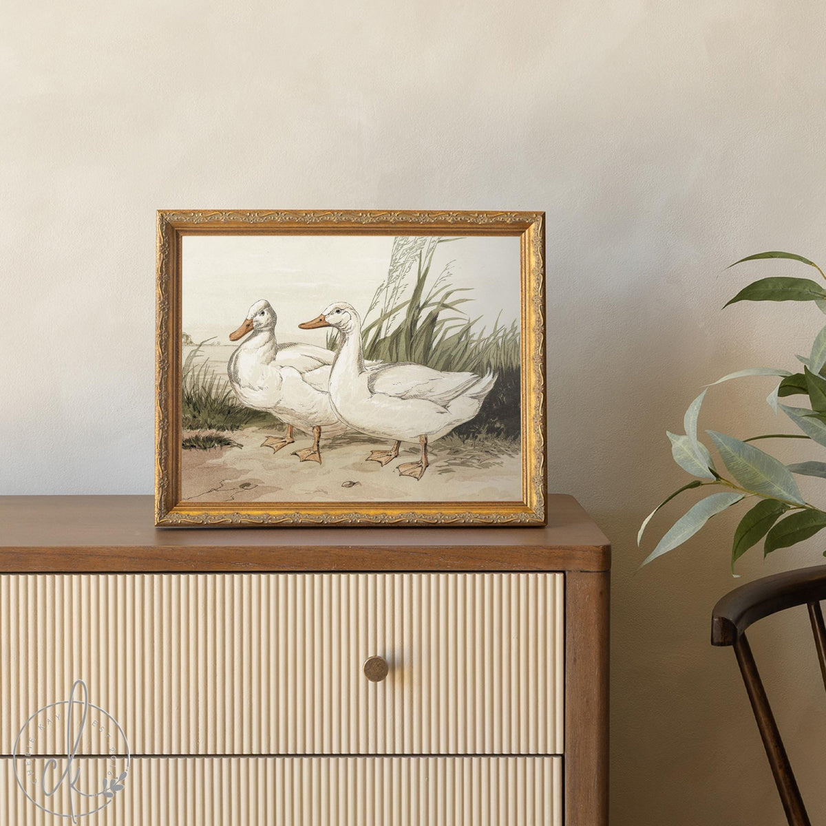 Duck Painting | White Ducks in Vintage Gold Frame | Country Bird Wall Art | N235