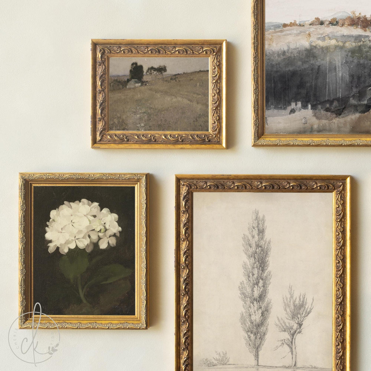 Antique Style Wall Art | Gold Framed Gallery Wall Set | Floral and Landscape Home Decor | G40
