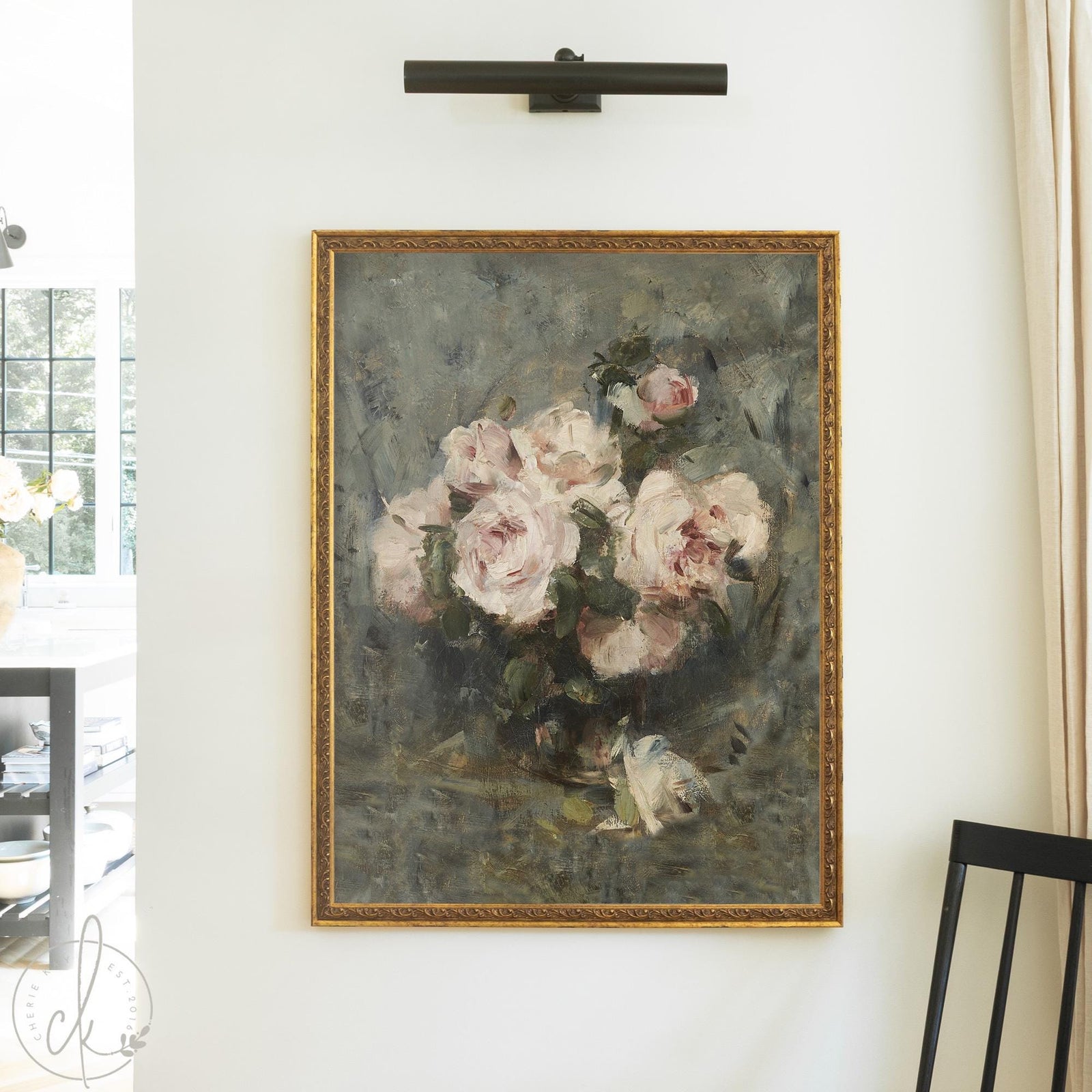 Impressionist floral painting of pink rose bouquet on framed canvas.