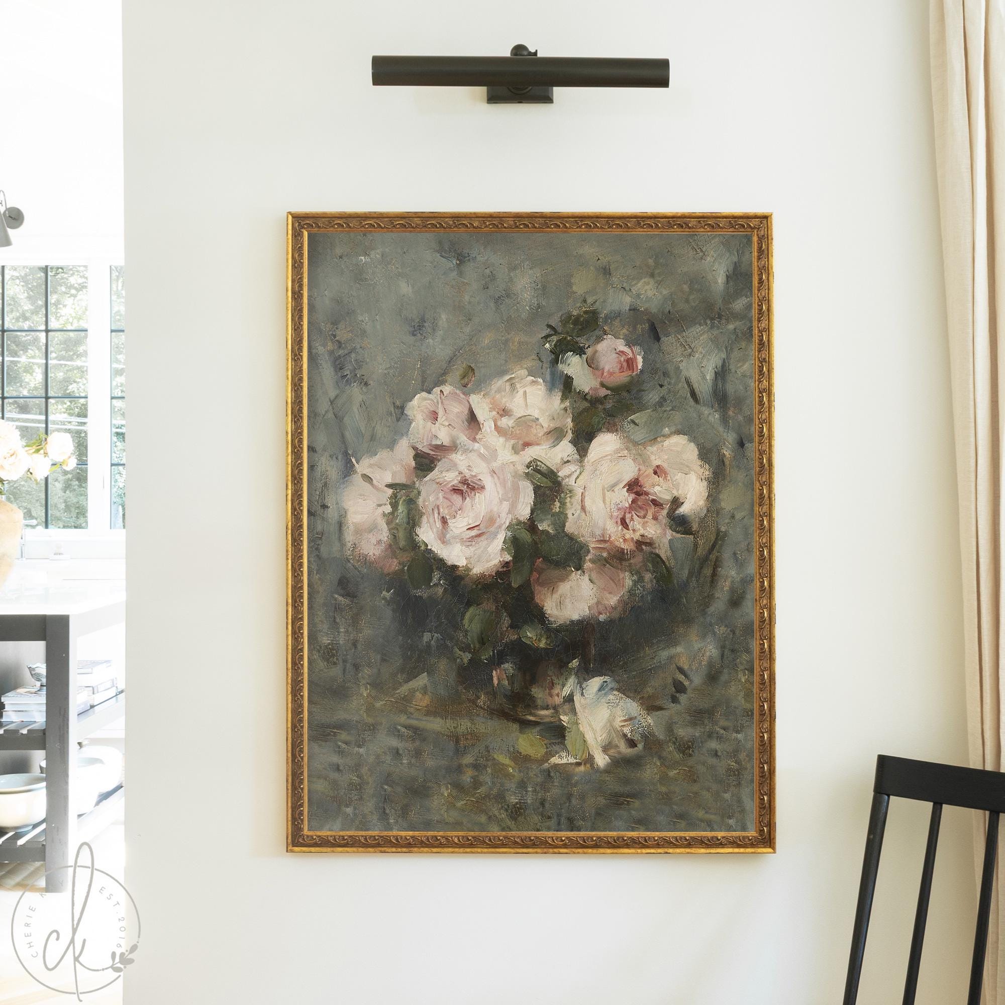 Impressionist floral painting of pink rose bouquet on framed canvas.
