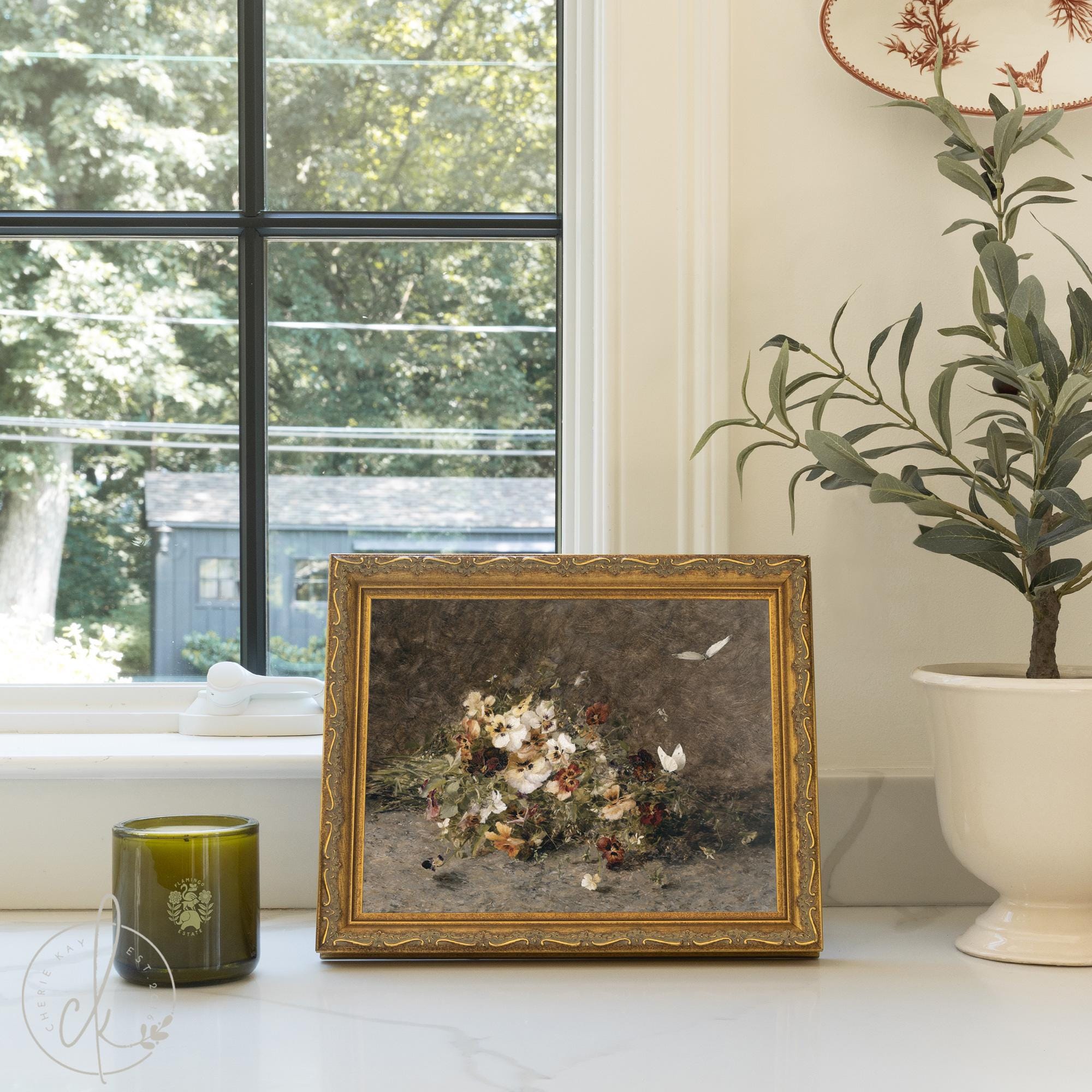 Anderson 花の油彩画 金色フレーム Vintage Framed Flower Painting in Gold Frame
