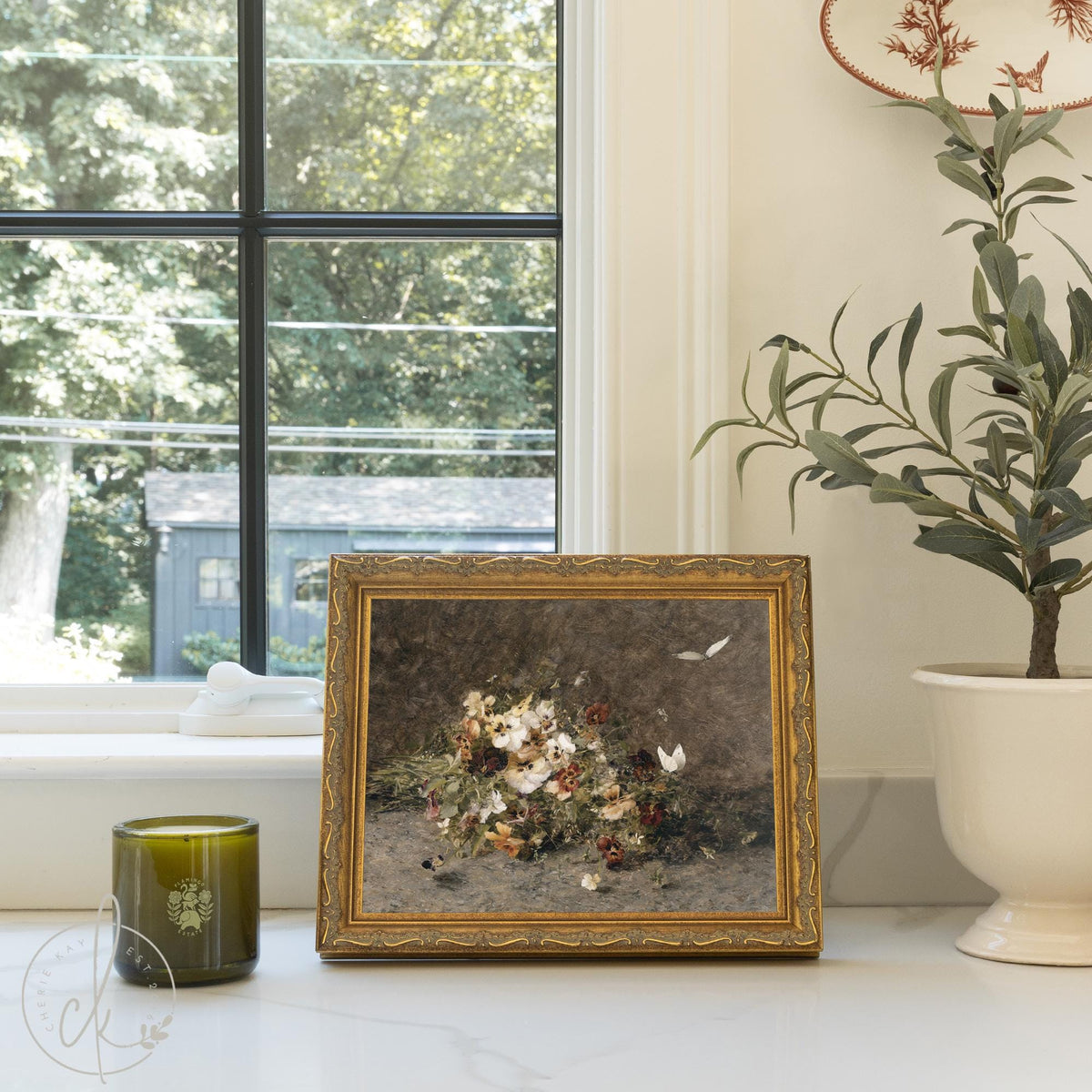 Framed Flower Painting | Large Vintage Floral Wall Art in Gold Frame | N98