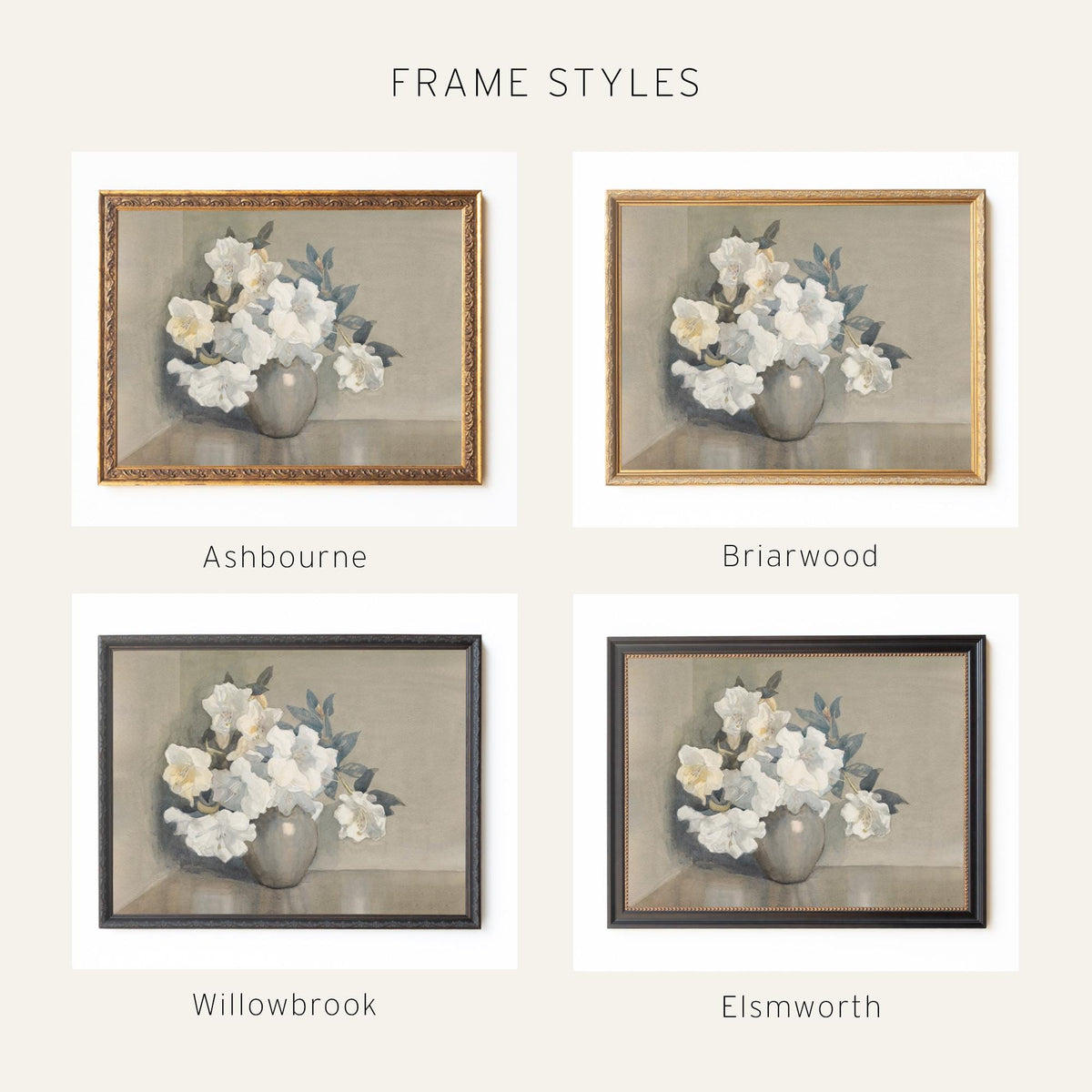 Vintage Floral Wall Art | Framed White Flower Painting | N245