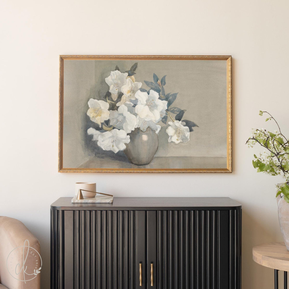 Vintage Floral Wall Art | Framed White Flower Painting | N245