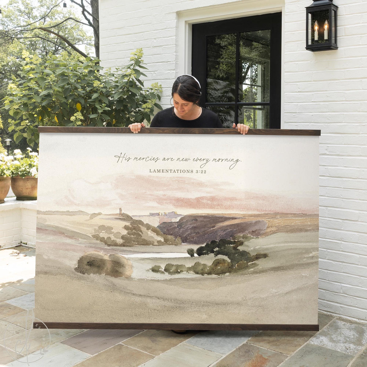 Large landscape canvas with Lamentations 3:22 verse for Christian home decor.