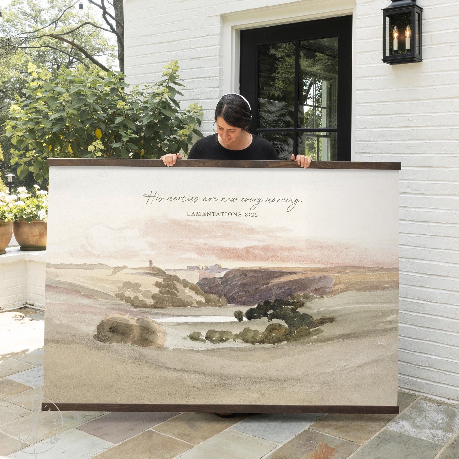 Large landscape canvas with Lamentations 3:22 verse for Christian home decor.