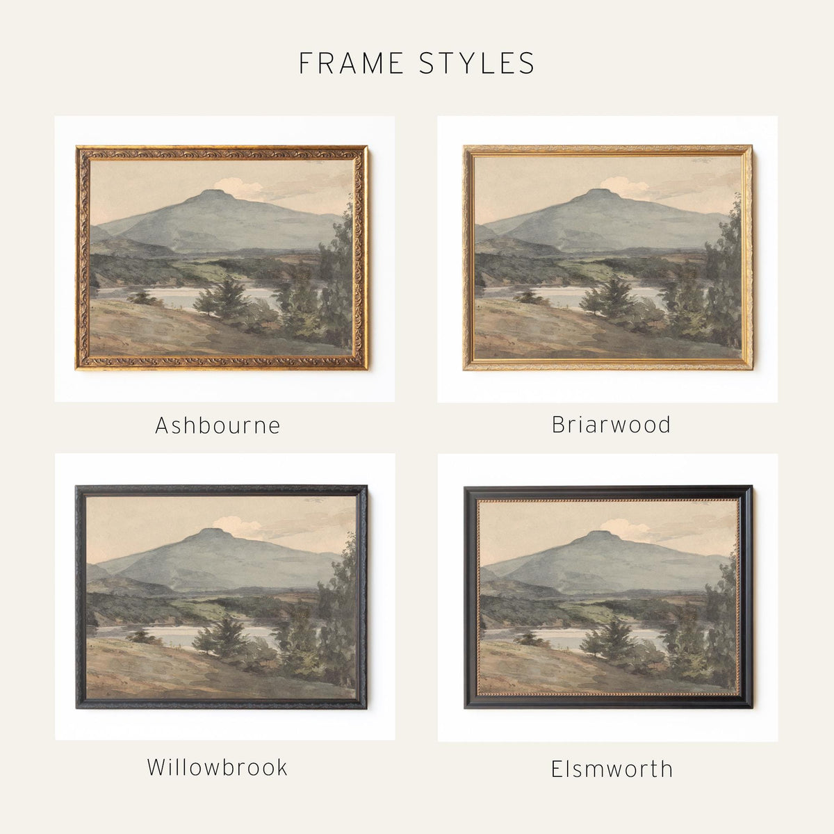 Vintage Mountain Painting | Framed Landscape Wall Art | Gold Frame Home Decor | N33