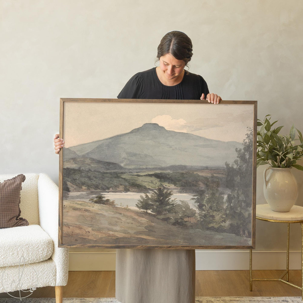 Framed vintage mountain art with soft neutral landscape for living room or bedroom wall decor.