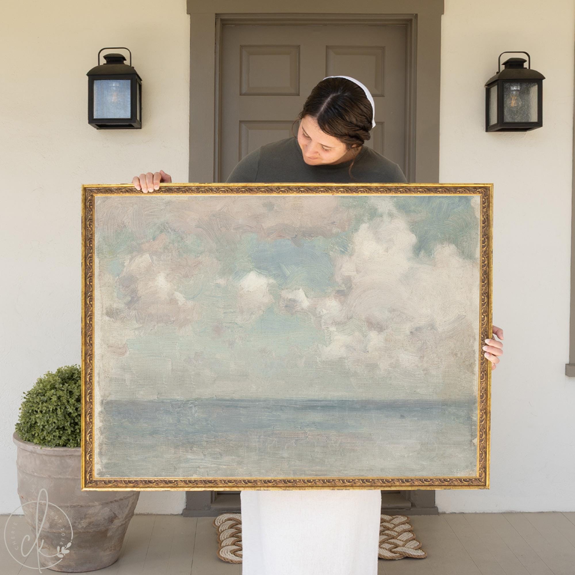 Vintage seascape framed coastal wall art with soft ocean horizon in muted tones.