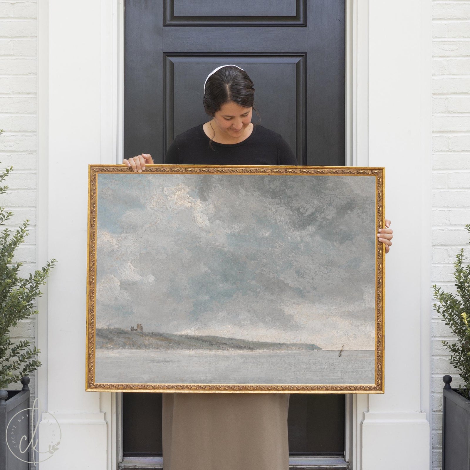 Framed coastal seascape painting with sailboat — nautical wall decor for home