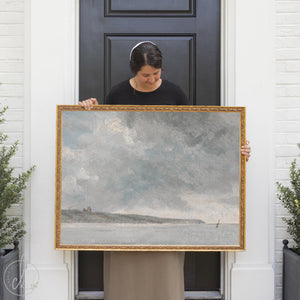 Framed coastal seascape painting with sailboat — nautical wall decor for home