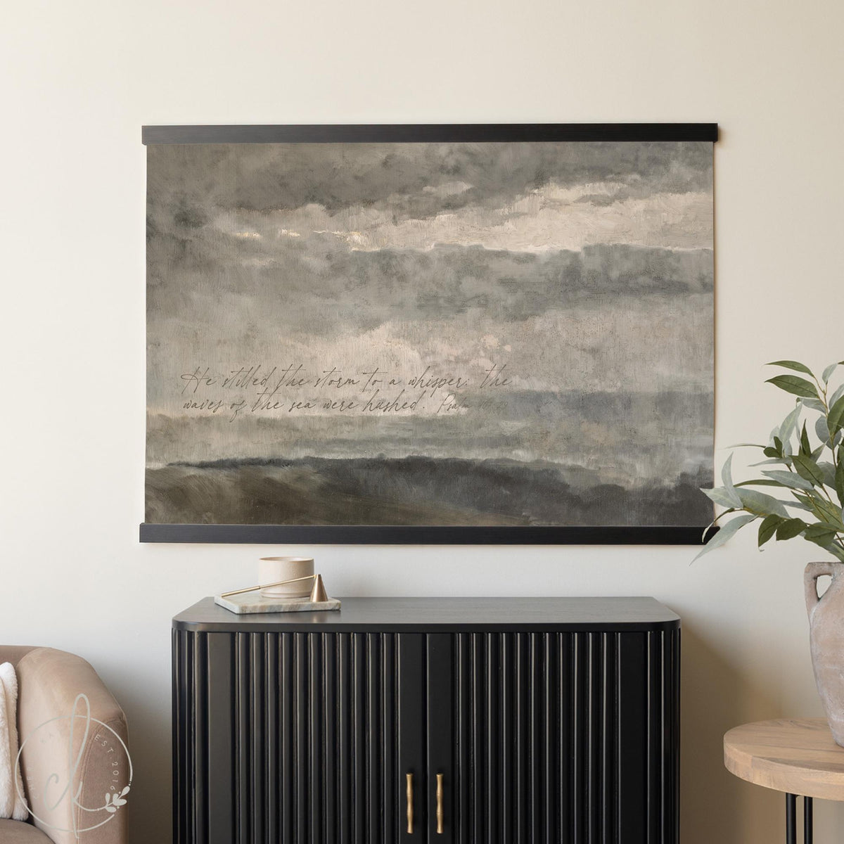 Moody Landscape Art | Psalm 107:29 Scripture Tapestry | Ocean Wall Art | T118