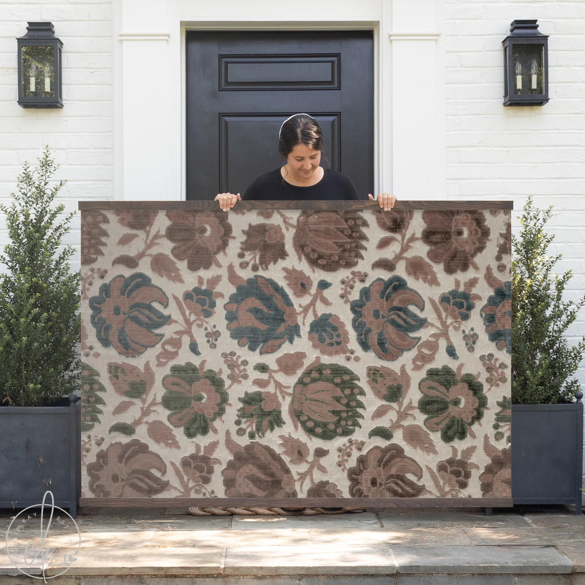 Vintage floral wall art on fabric with brown and green flowers, large canvas wall hanging.