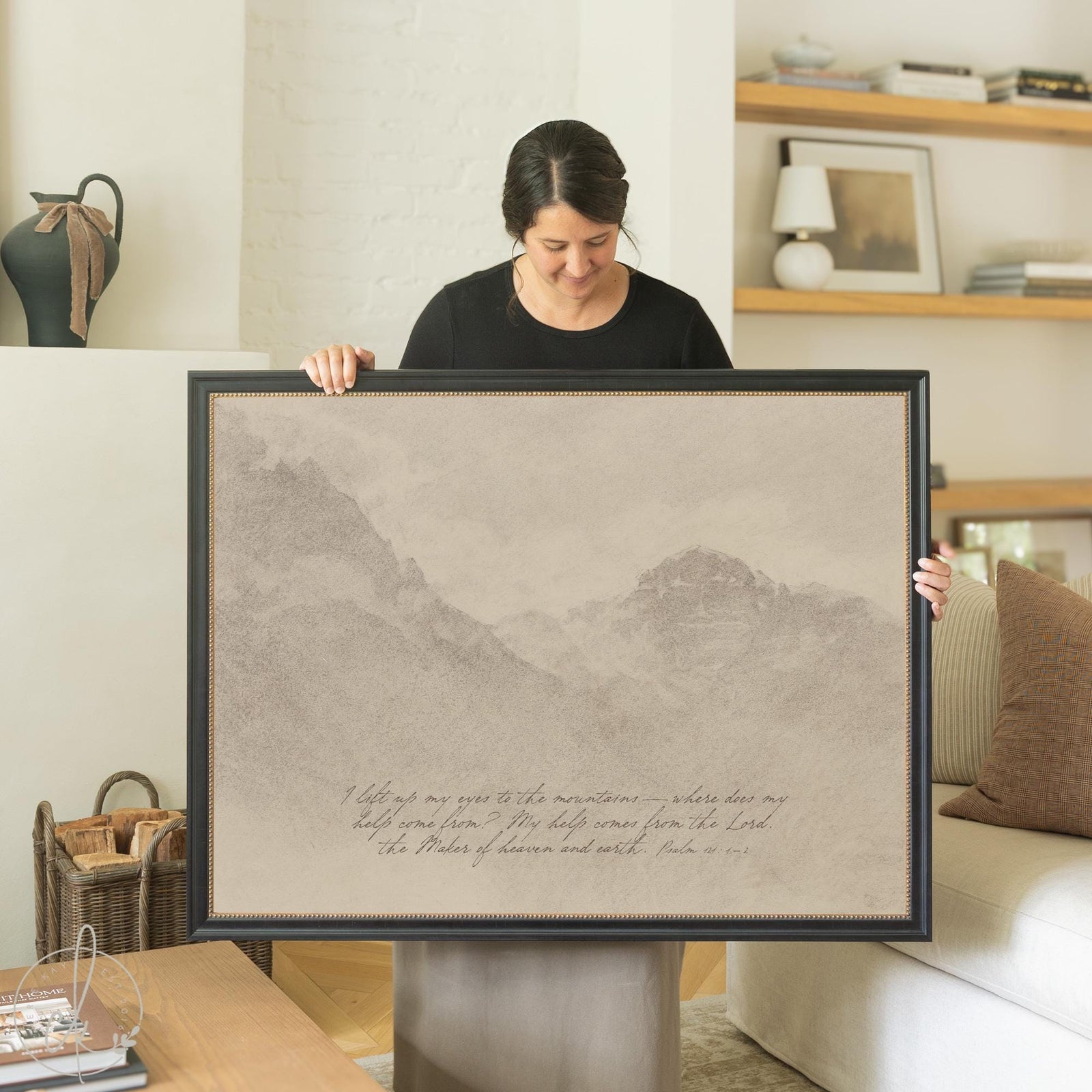 Framed mountain landscape with Psalm 121:1–2 verse — scripture wall decor for home.