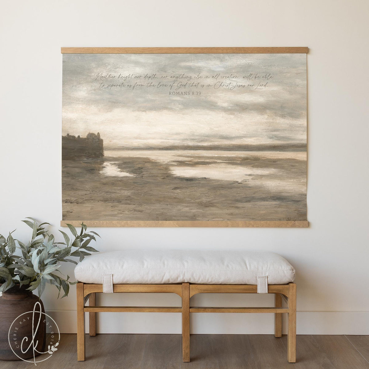 Christian Home Decor | Large Seascape Scripture Wall Art | Bible Verse Canvas Romans 8:39 | T120