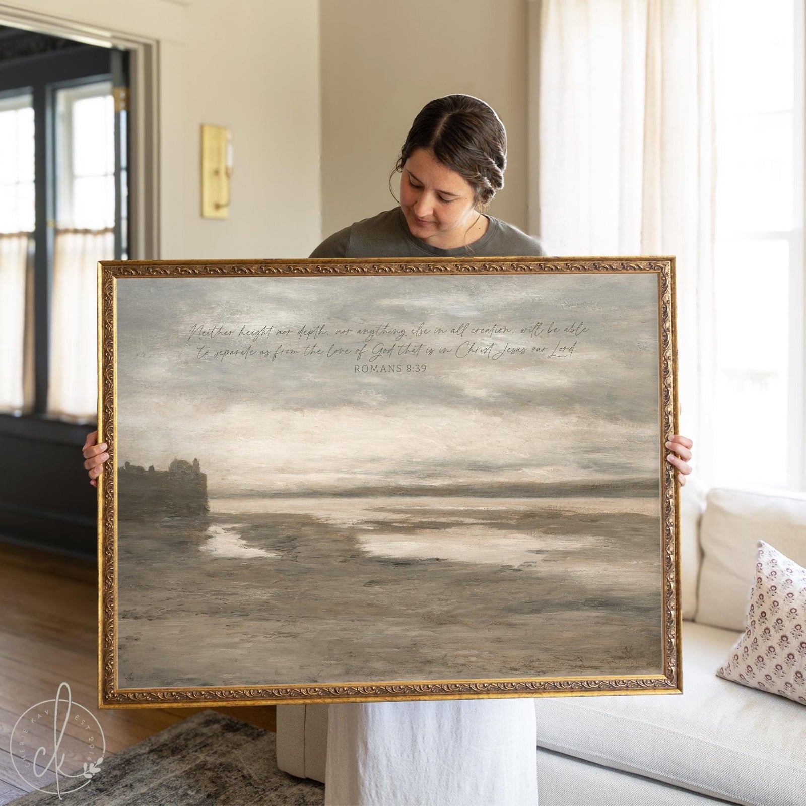 Vintage coastal seascape painting with Romans 8:39 Scripture in ornate gold frame, Christian home decor for living room