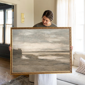 Vintage coastal seascape painting with Romans 8:39 Scripture in ornate gold frame, Christian home decor for living room