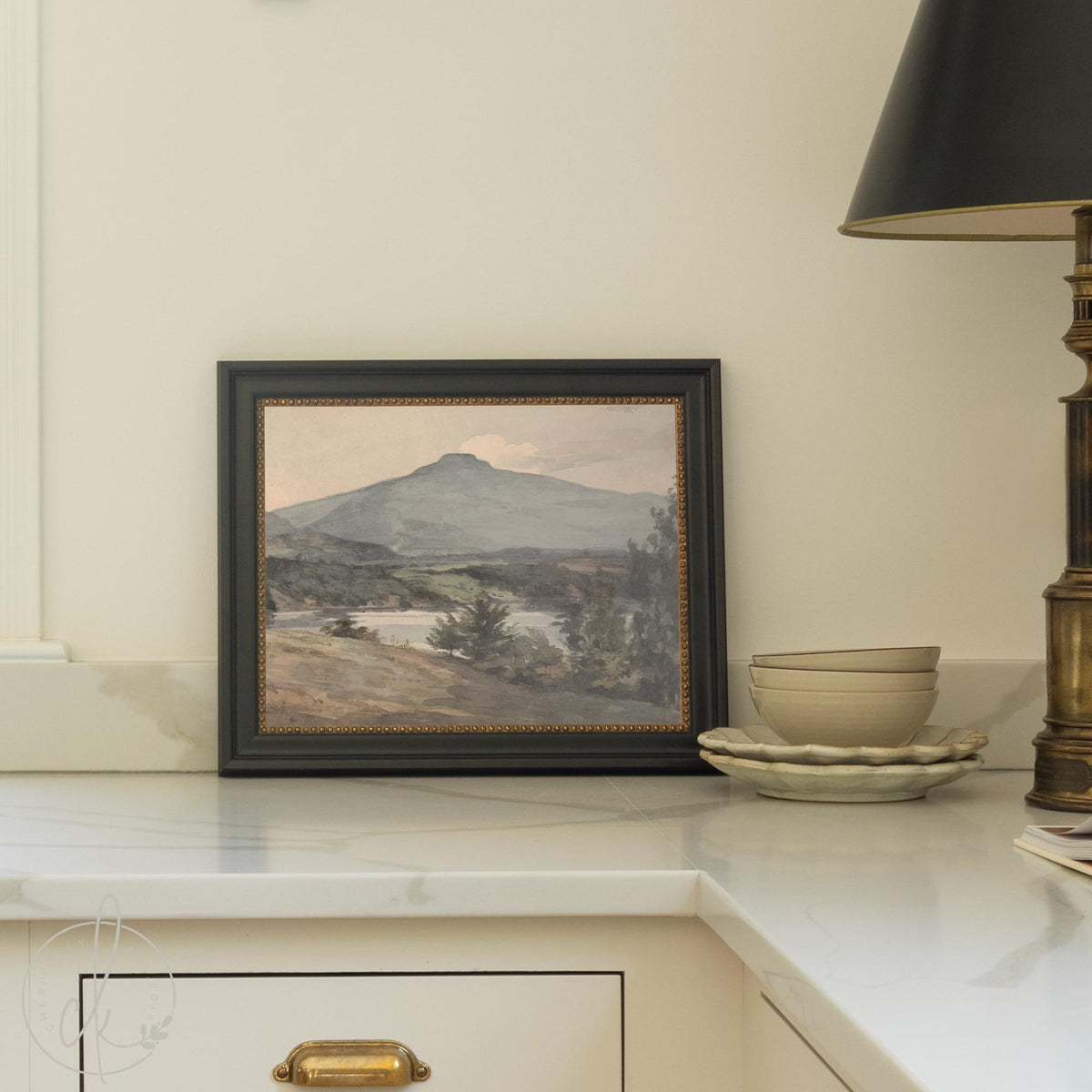 Vintage Mountain Painting | Framed Landscape Wall Art | Gold Frame Home Decor | N33