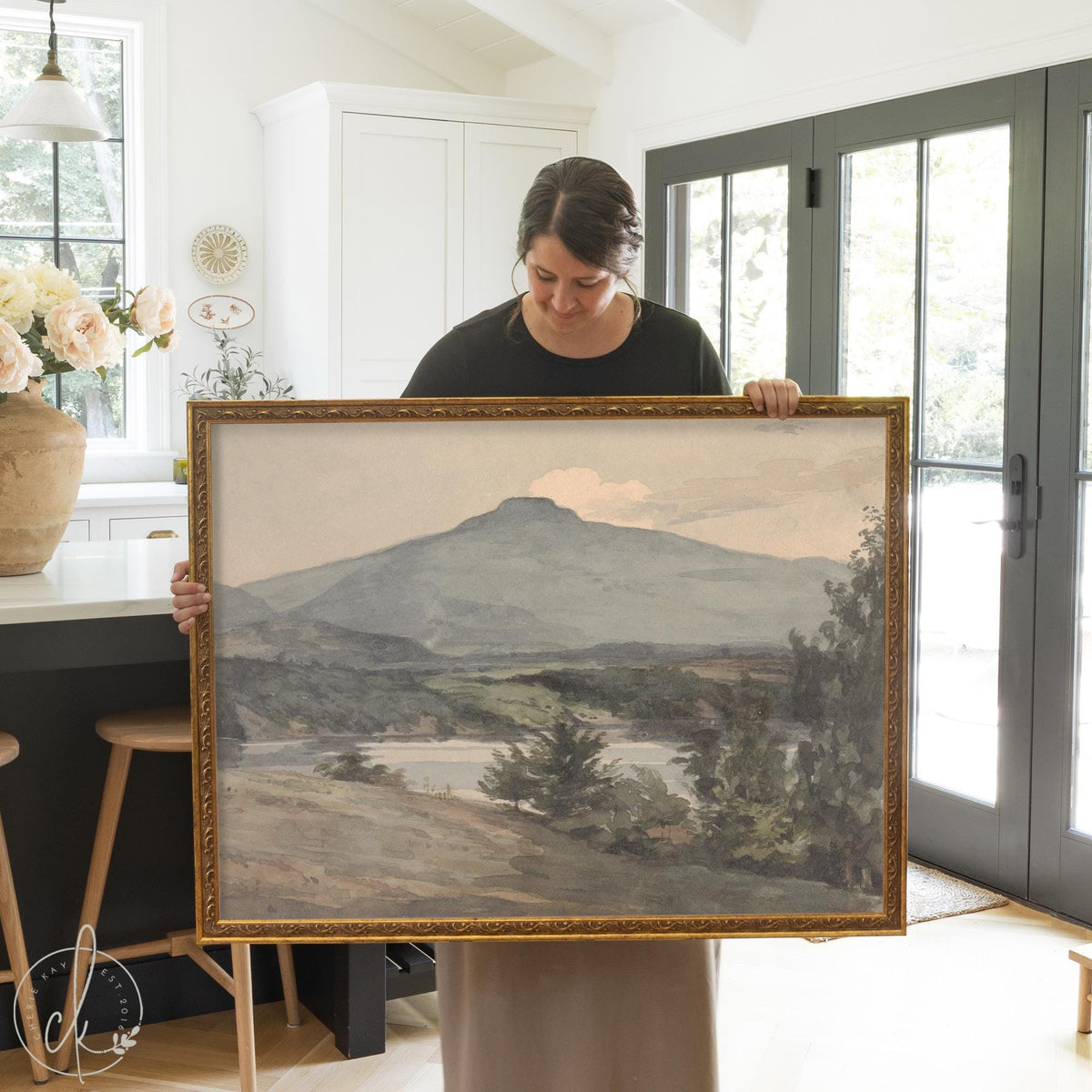 Vintage mountain painting in gold frame with calm landscape for living room wall decor