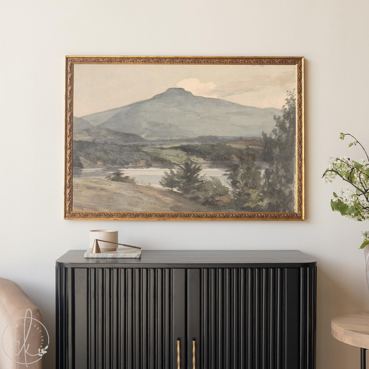 Vintage Mountain Painting | Framed Landscape Wall Art | Gold Frame Home Decor | N33