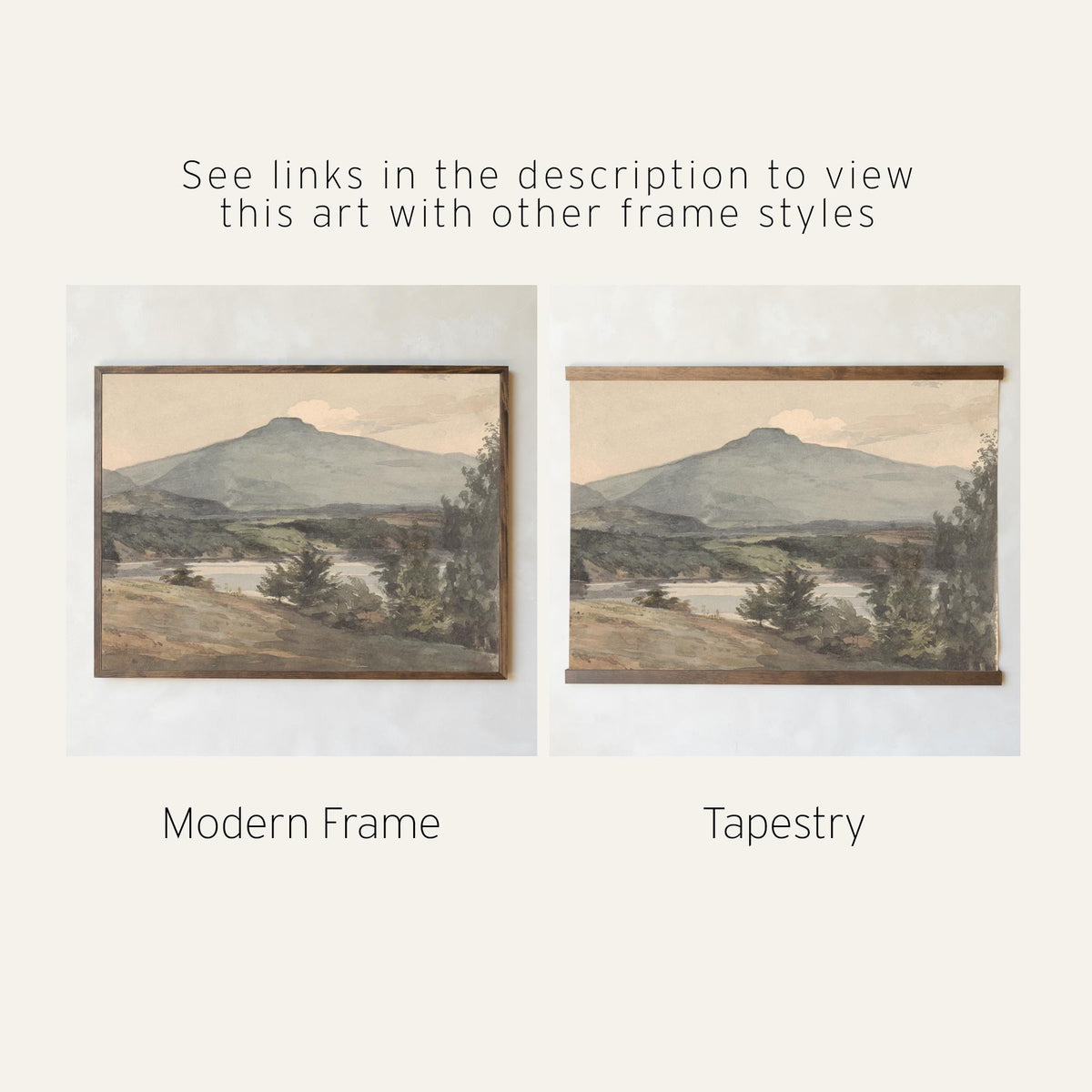 Vintage Mountain Painting | Framed Landscape Wall Art | Gold Frame Home Decor | N33