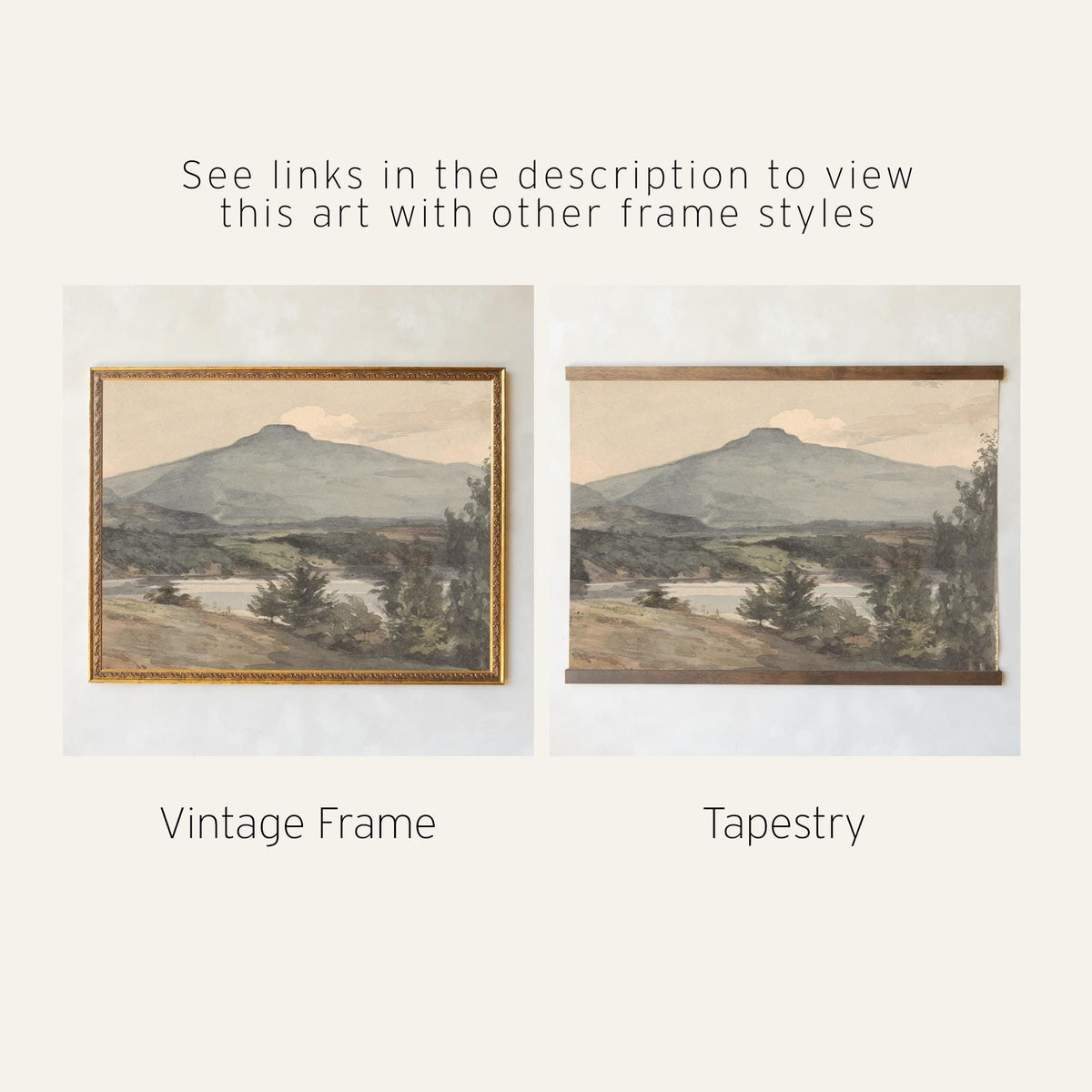 Vintage Mountain Art | Framed Landscape Wall Art | Neutral Living Room Decor | N33