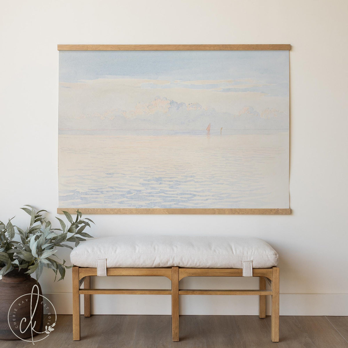 Large coastal wall art canvas tapestry with sailboat and calm ocean view in soft blue tones