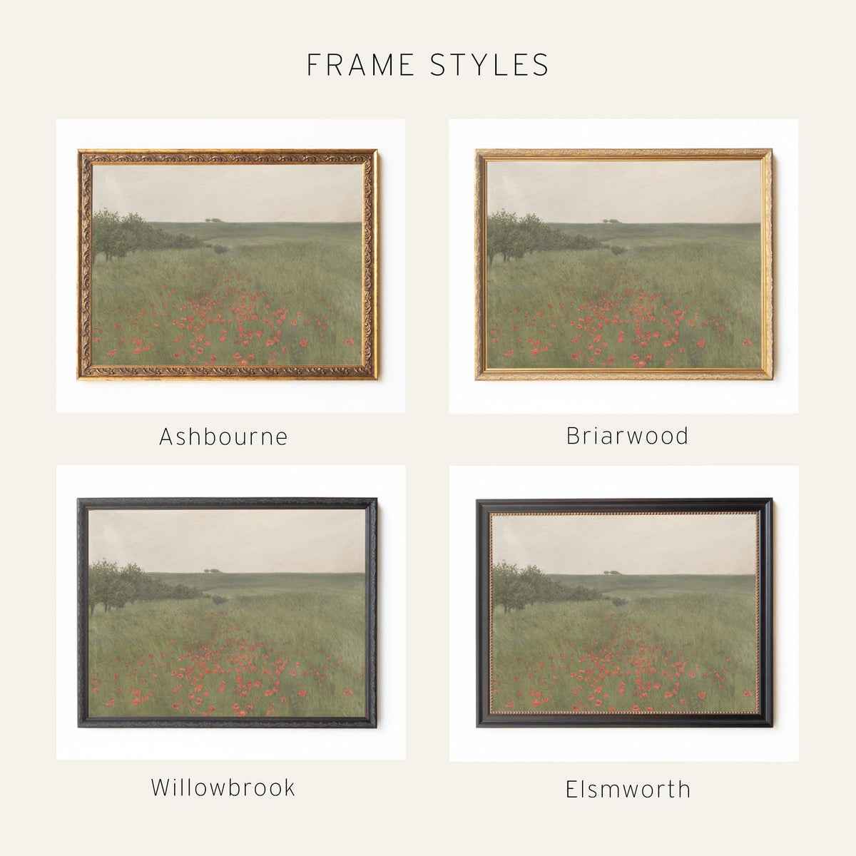 Poppy Field Painting | Large Wall Art | Vintage Landscape Art | N39