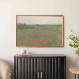 Poppy Field Painting | Large Wall Art | Vintage Landscape Art | N39