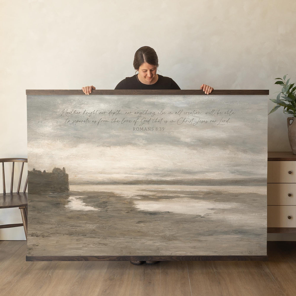 Large seascape Bible verse canvas with Romans 8:39 for Christian home decor.