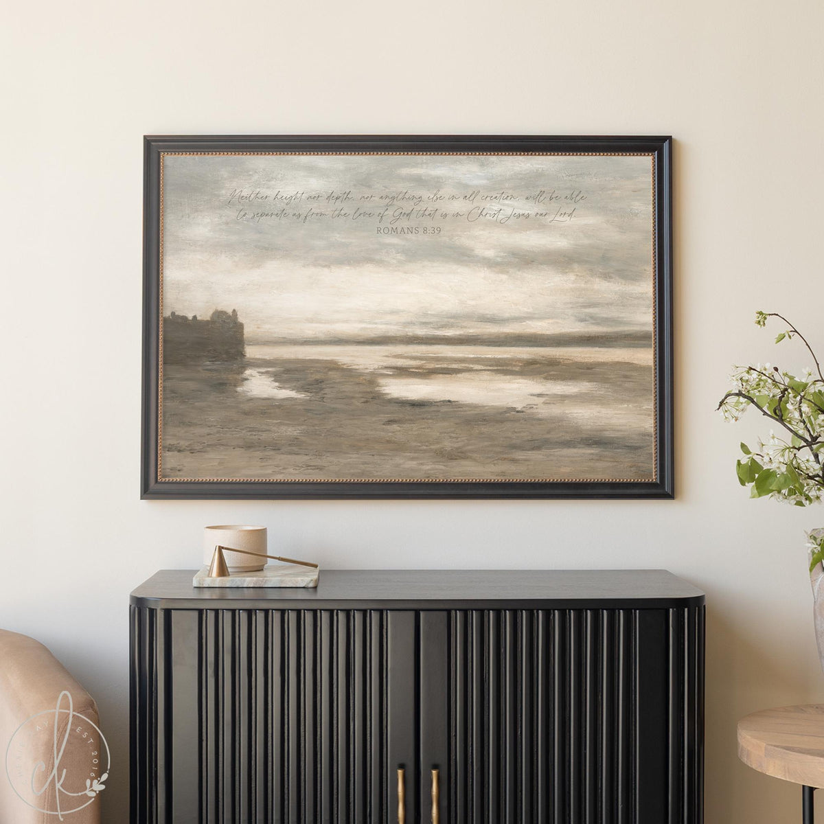 Christian Home Decor | Romans 8:39 Coastal Wall Art | Vintage Gold Framed | N37