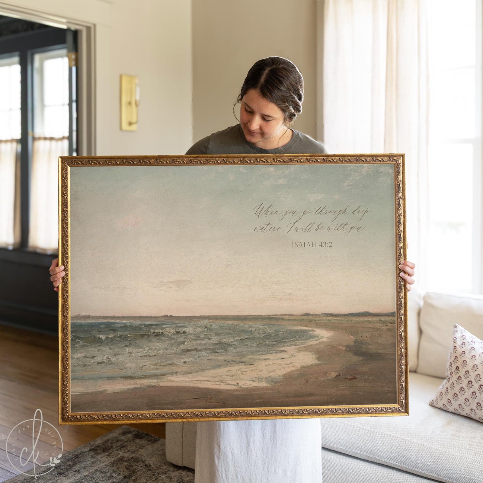 Framed beach landscape painting with Isaiah 43:2 scripture and ocean shoreline scene.