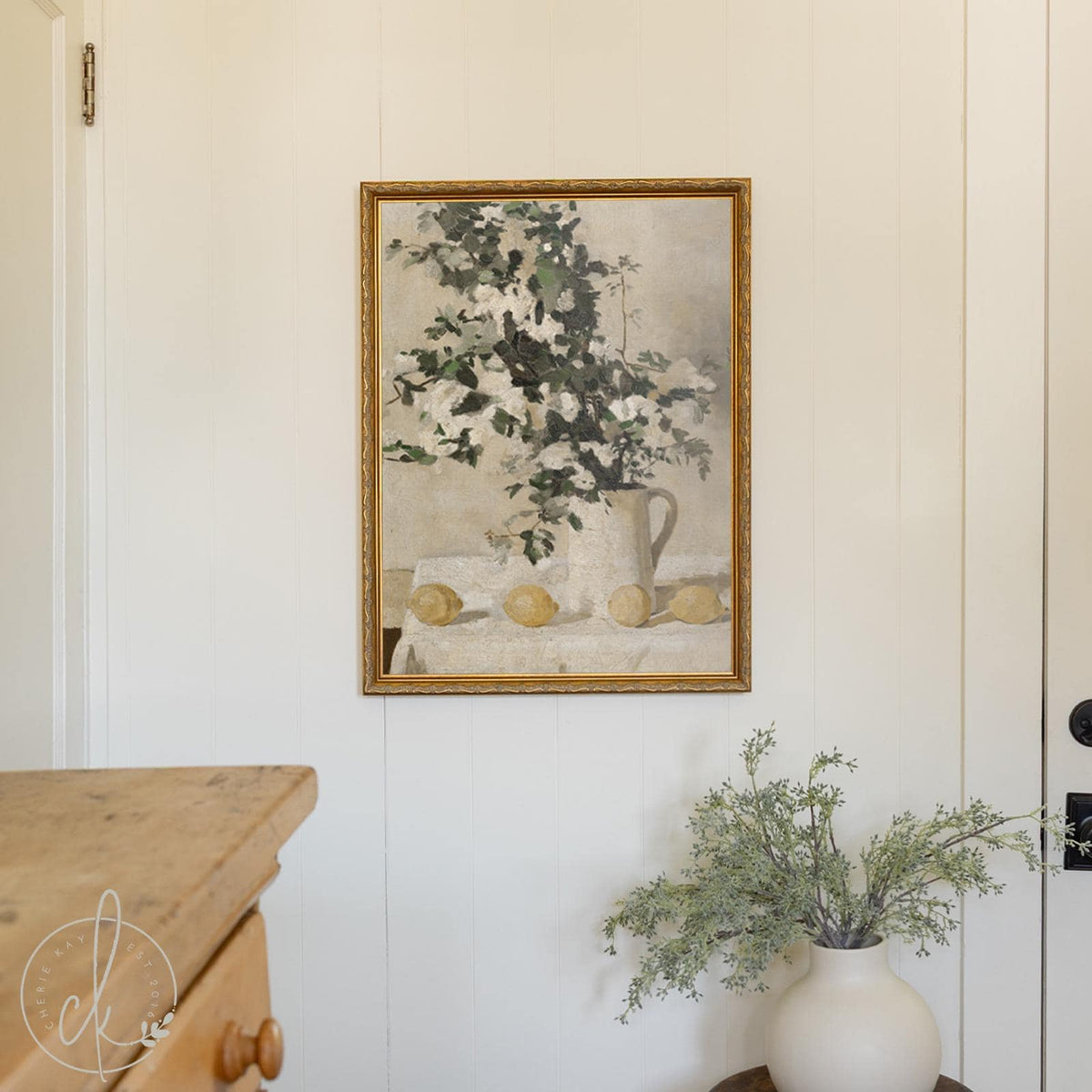 Kitchen Wall Art | Vintage Floral Still Life | Gold Framed Canvas Lemon Painting | N81